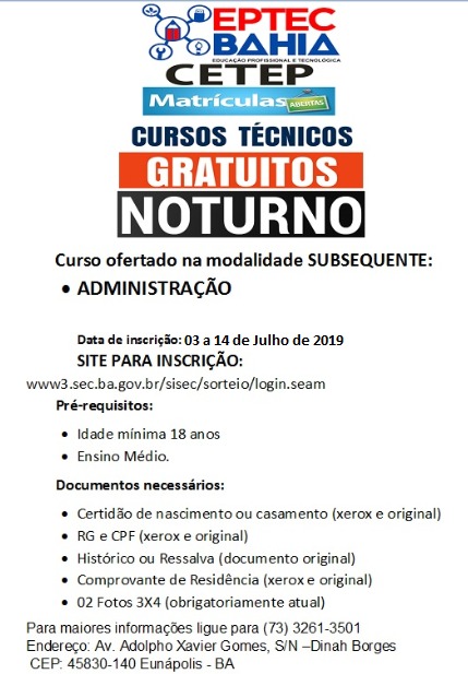 CETEP EUNÁPOLIS BAHIA ABRE PROCESSO SELETIVO PARA DOIS CURSOS