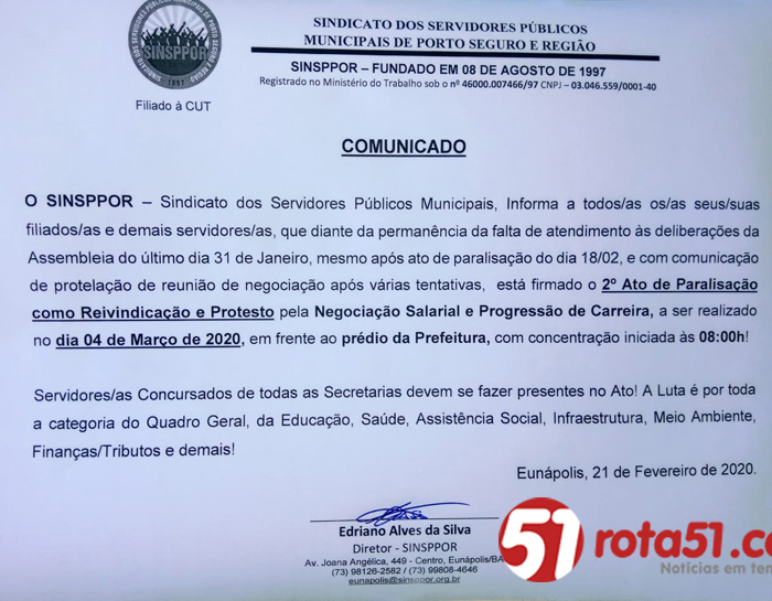 SINSPPOR, Sindicato dos Servidores Públicos Municipais, faz paralização para tentar negociação com o prefeito.