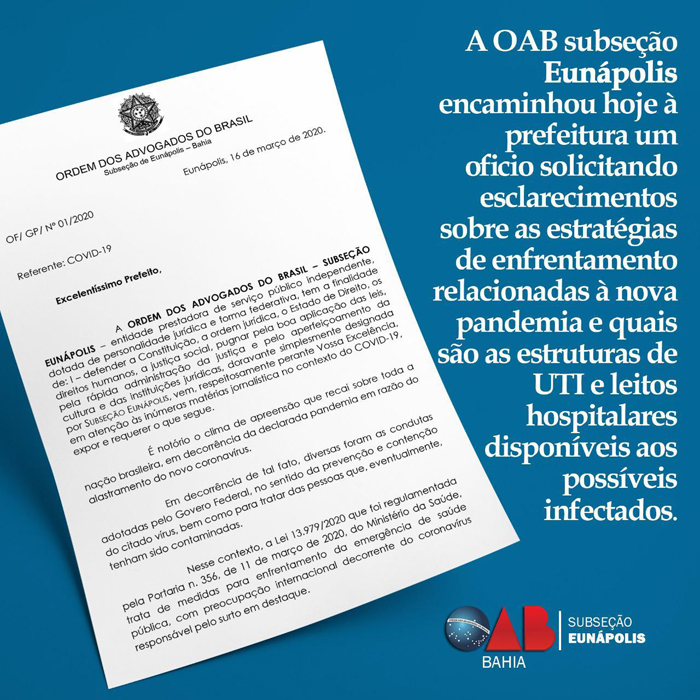 OAB/Eunápolis questiona o prefeito o que poderá ser feito contra o CONVID 19