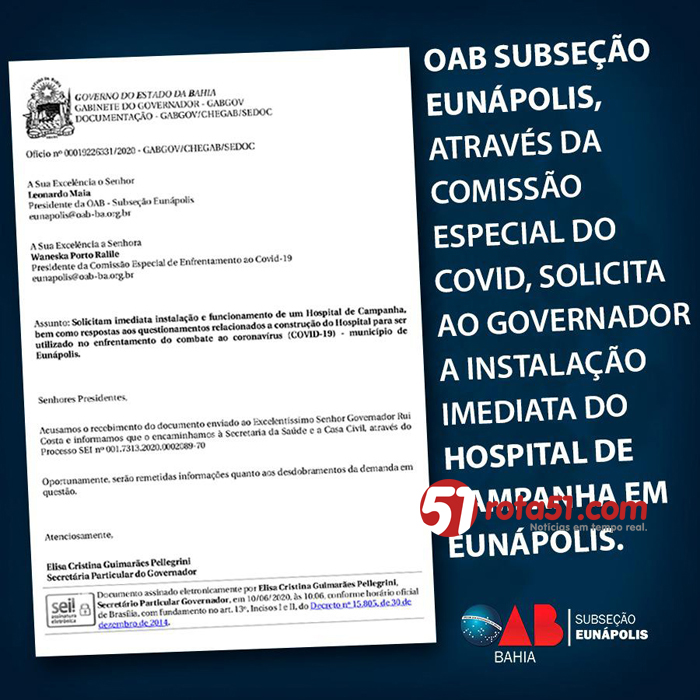 OAB Subseção Eunápolis solicita ao Governador a instalação imediata do Hospital de Campanha