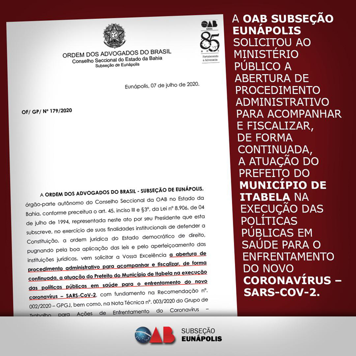 OAB Eunápolis solicita abertura de procedimento administrativo ao MP para acompanhamento e fiscalização das ações do Município de Itabela, relativas ao combate ao Covid-19