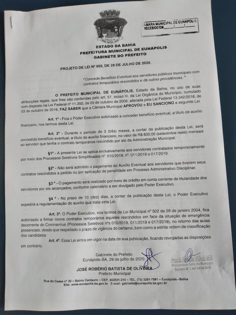 Prefeitura enviará ao Legislativo projeto de auxílio a servidores com contratos rescindidos devido à pandemia