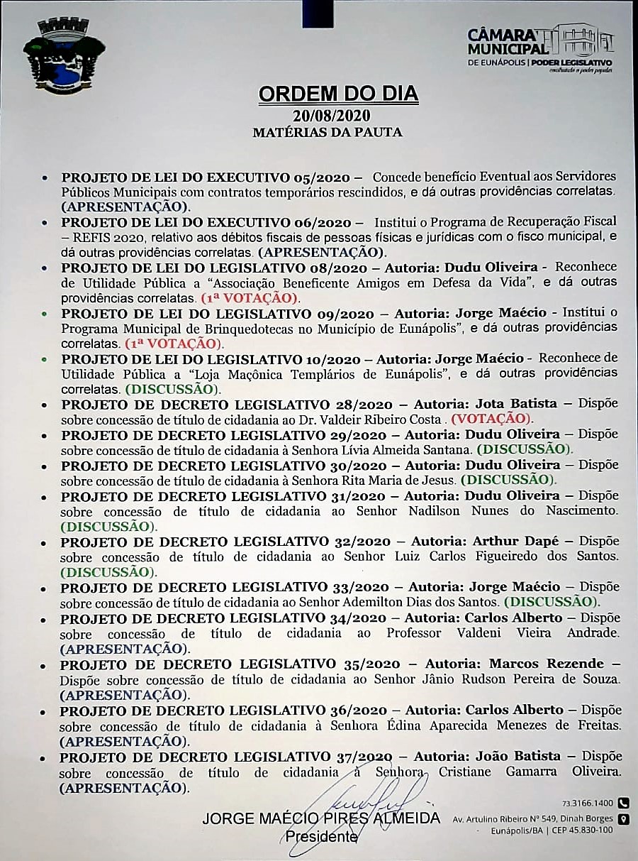 CÂMARA DIVULGA PAUTA DA SESSÃO DE 20/08/2020