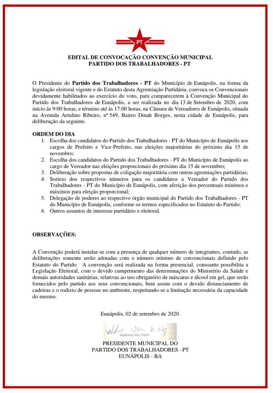 PT faz convenção no dia 13/09, na Câmara de vereadores, para escolha de candidatos.