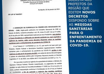 OAB subseção de Eunápolis alerta prefeitos, para novos decretos para enfrentamento do Covid 19