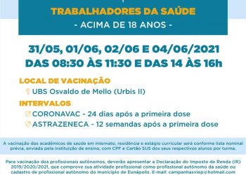 VACINA COVID-19 – 1ª E 2ª dose profissionais da saúde acima de 18 anos