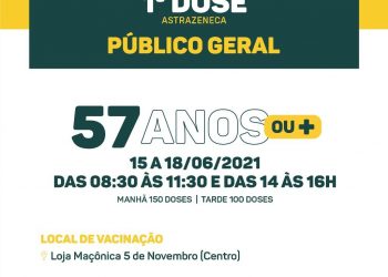 Vacinação de 1ª dose, para pessoas a partir dos 57 anos de idade.
