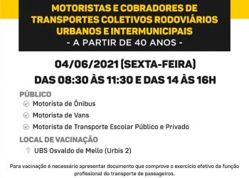 VACINA COVID-19 – 1ª DOSE PARA MOTORISTAS E COBRADORES DE TRANSPORTES COLETIVOS RODOVIÁRIOS URBANOS E INTERMUNICIPAIS A PARTIR DE 40 ANOS