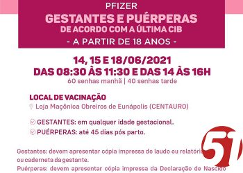 VACINA COVID-19 – 1ª DOSE GESTANTES E PUÉRPERAS – A PARTIR DE 18 ANOS