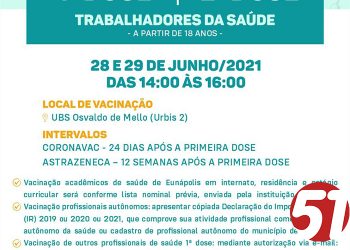 VACINA COVID-19 – 1ª E 2ª doses profissionais da saúde – a partir de 18 anos