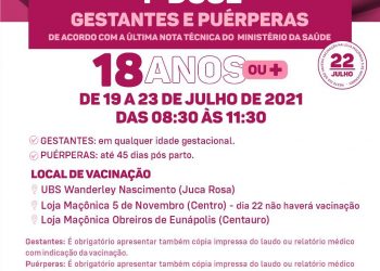 VACINA COVID-19 – 1ª DOSE GESTANTES E PUÉRPERAS – A PARTIR DE 18 ANOS