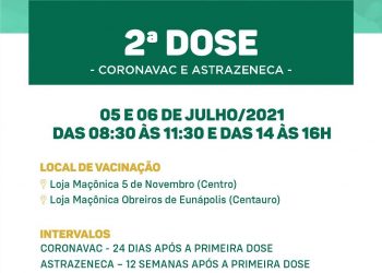 💉 Nos dias 05 e 06 de julho [segunda e terça-feira], continua a  imunização com a 2ª dose da vacina contra a Covid-19.