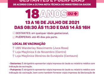 🤰VACINA COVID-19 – 1ª DOSE GESTANTES E PUÉRPERAS – A PARTIR DE 18 ANOS🤱