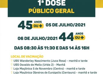 VACINA COVID-19 1ª DOSE PARA O PÚBLICO A PARTIR DE 45 E 44 ANOS