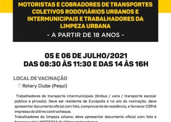 VACINA COVID-19 – 1ª DOSE PARA MOTORISTAS E COBRADORES DE TRANSPORTES COLETIVOS RODOVIÁRIOS URBANOS E INTERMUNICIPAIS E TRABALHADORES DA LIMPEZA URBANA A PARTIR DE 18 ANOS