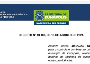 Novo decreto suspende toque de recolher, mas mantém medidas restritivas em Eunápolis