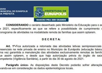Prefeitura de Eunápolis autoriza retomada das aulas presenciais e semipresenciais na rede particular