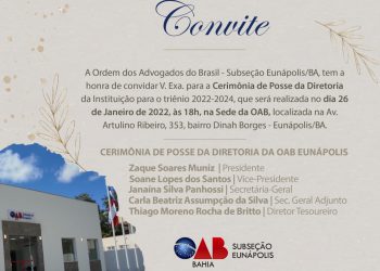 OAB de Eunápolis marca data de posse da nova diretoria.