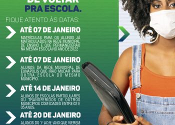 Secretaria de Educação informa prazo final para matrículas e rematrículas na rede municipal de Eunápolis