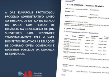 OAB de Eunápolis pede um juiz substituto para cumprir agenda na cidade, substituindo a juíza Dra. Karina Silva Araújo.
