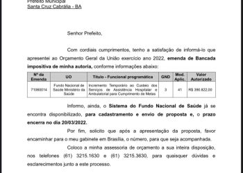 Cabrália recebe emenda do Deputado Cláudio Cajado no valor de mais de R$ 390 mil