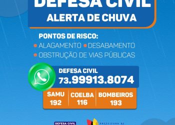 Defesa Civil de Porto Seguro faz alerta de chuva e se mantém alerta para emergências.