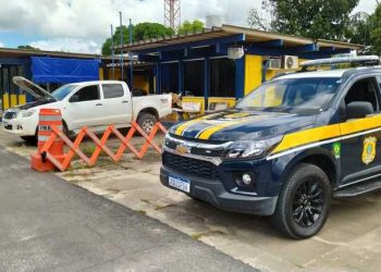 PRF apreende caminhonete adulterada e carga de produto agrícola sem nota fiscal em Teixeira de Freitas (BA).