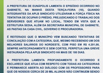 PREFEITURA DE EUNÁPOLIS, esclarece tumulto ontem, na porta da administração municipal.