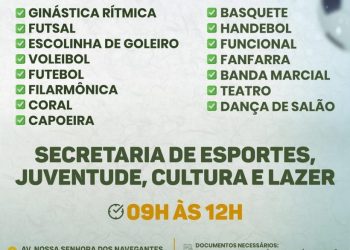 Prefeitura de Eunápolis abre inscrições para diversas modalidades esportivas e oficinas culturais