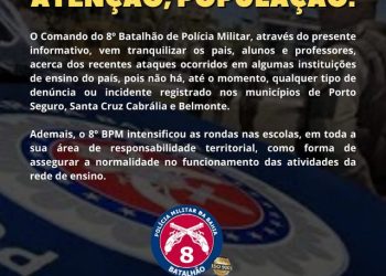 8º BPM de Porto Seguro, determina segurança máxima nas escolas da região.
