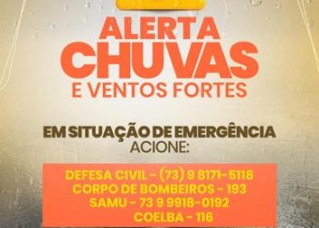 Defesa Civil de Eunápolis alerta para previsão de fortes chuvas e ventos intensos a partir desta segunda-feira