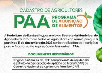 Prefeitura de Eunápolis abre inscrições para o Programa de Aquisição de Alimentos na segunda-feira