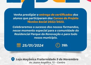 Conclusão dos cursos do Projeto Técnico Social pelos moradores do Parque da Renovação é celebrado pela prefeita Cordélia