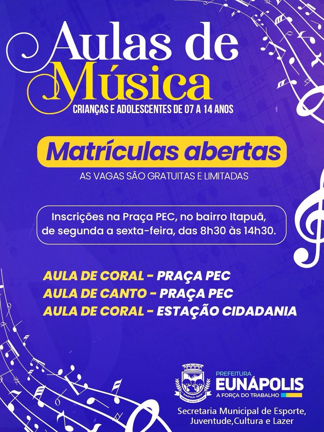 Prefeitura de Eunápolis abre inscrições para oficinas gratuitas de coral e canto para crianças e adolescentes